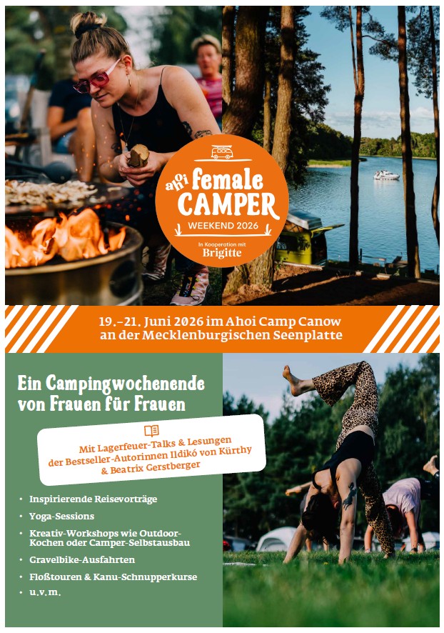 Frauen kochen im Freien, entspannen beim Yoga und genießen ein Camping-Wochenende für Frauen an einem See.
